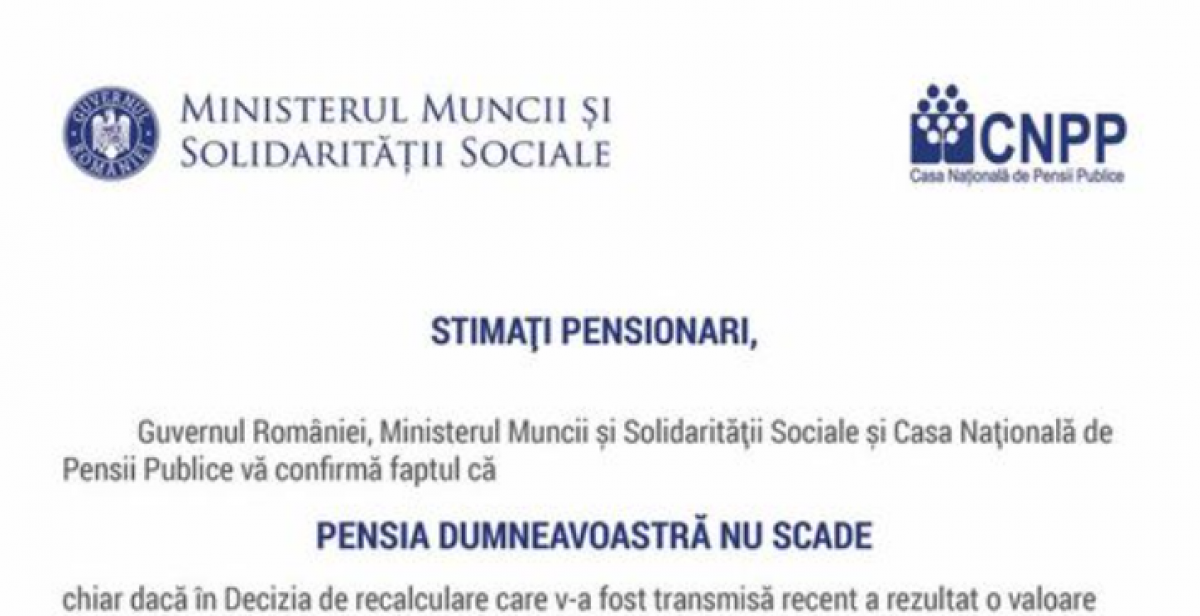 DOCUMENT Scrisoarea oficială pe care o vor primi toți pensionarii: Casa de Pensii și Ministerul Muncii au trimis această informare