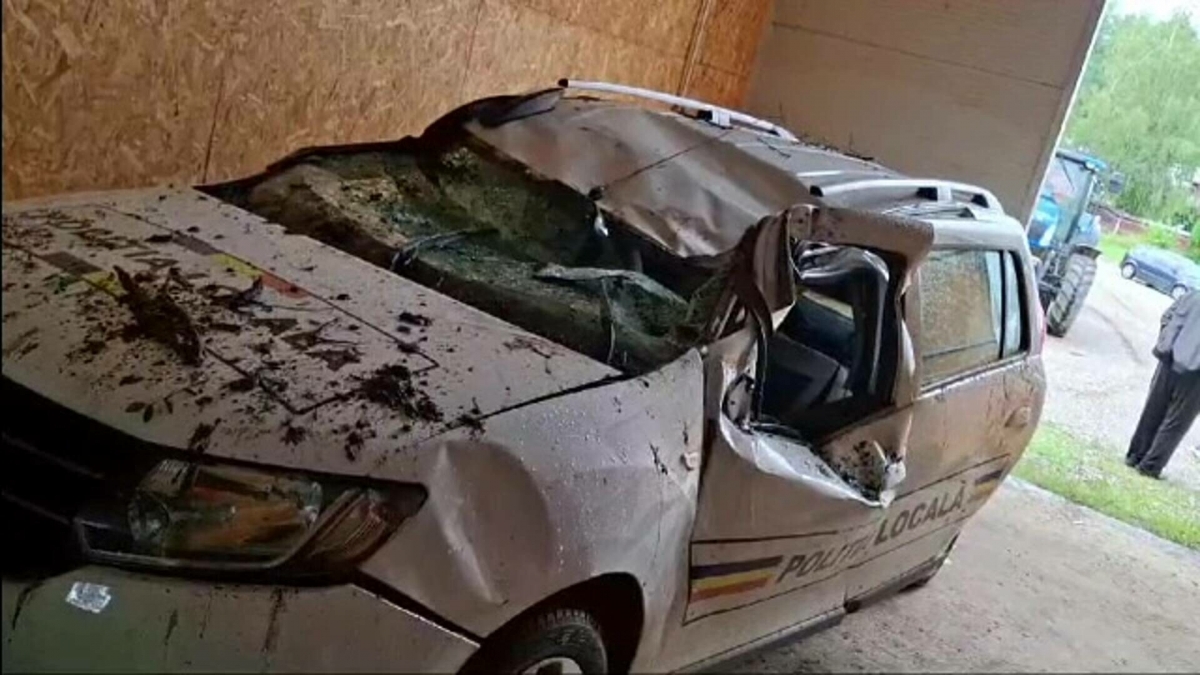 Ciclonul Boris provoacă distrugeri: Un copac a căzut peste o mașină de poliție în Bacău, rănind doi ofițeri aflați la interior.