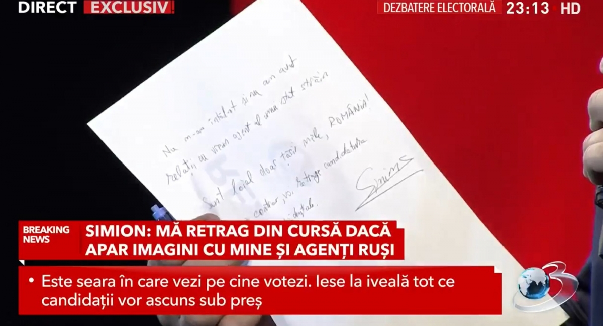 VIDEO George Simion a semnat o declarație în direct la Antena 3 CNN: Mă retrag din cursă dacă apar imagini cu mine și ofițerii GRU