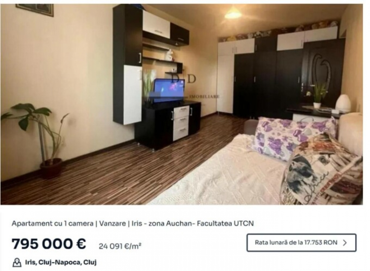 Preț astronomic pentru o garsonieră din Cluj-Napoca: 795.000 de euro! Rata lunară ajunge la 17.753 RON