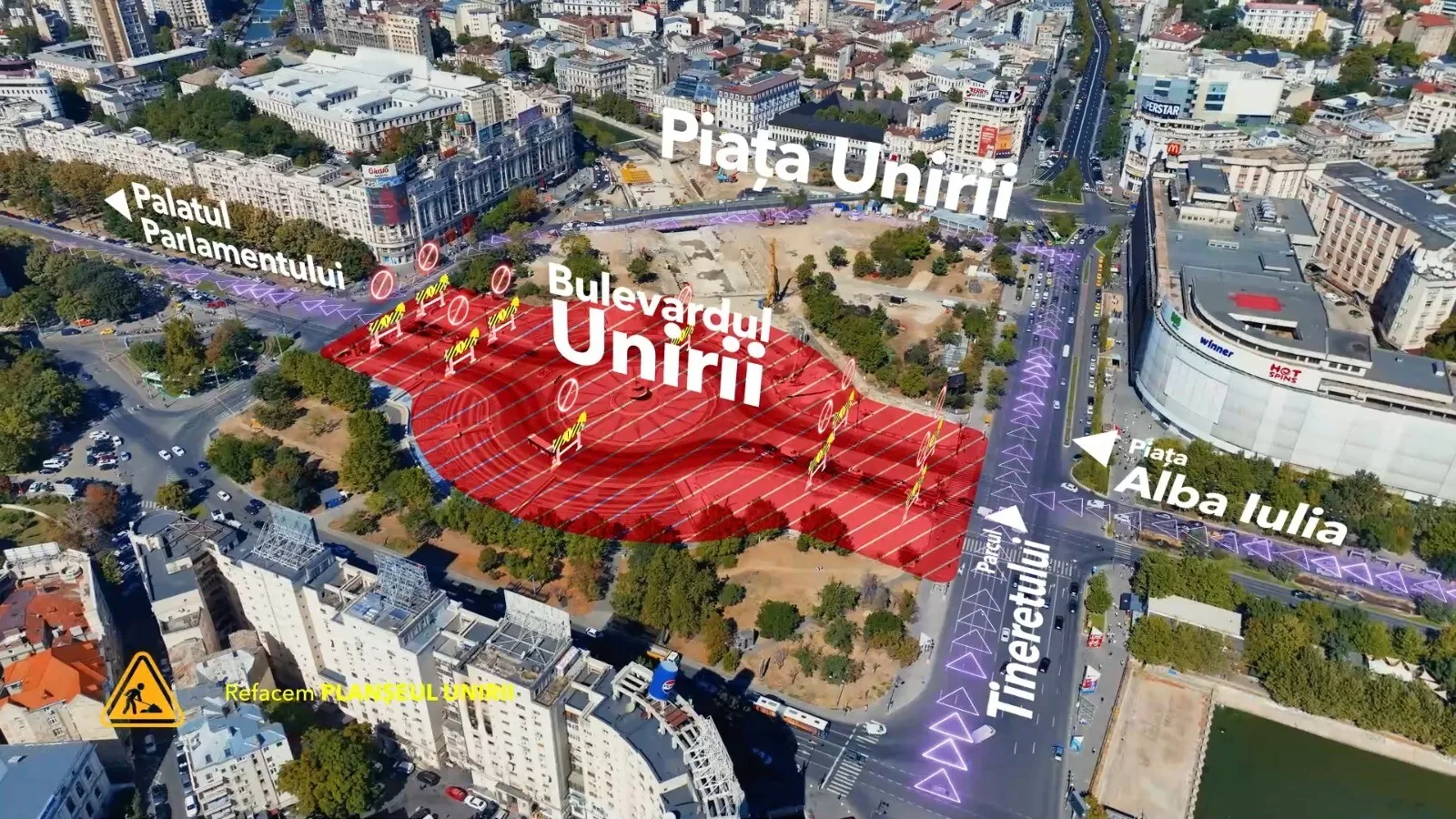 Noi restricții de circulație în zona fântânii centrale din Piața Unirii